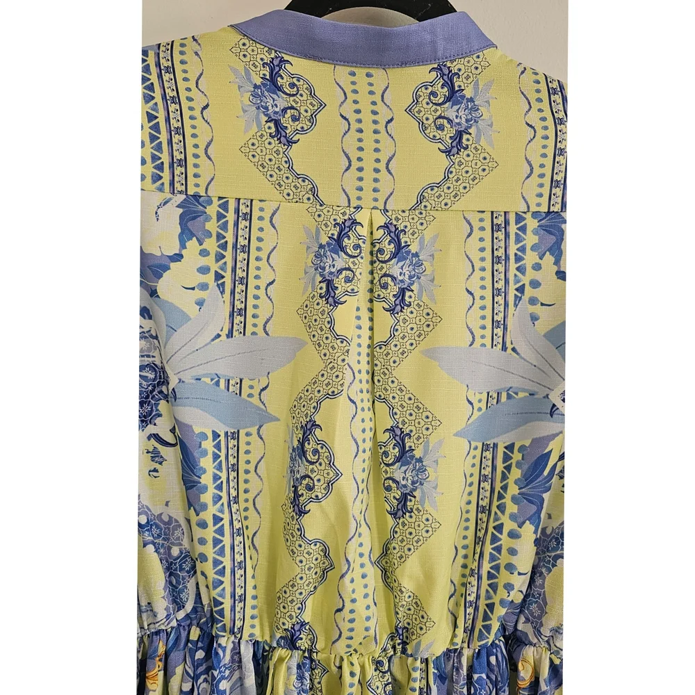 White Sandstorm Kalliope Floral Blue & Yellow Long Puffed Sleeve Maxi Dress - Picture 7 of 14